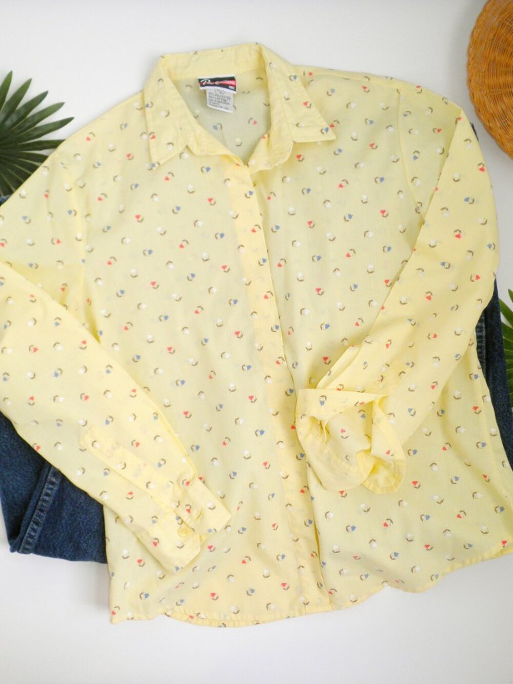 Vintage 1980s Butter Yellow Tulips Ditsy Floral Button Down Blouse Shirt 80's L - Picture 4 of 8